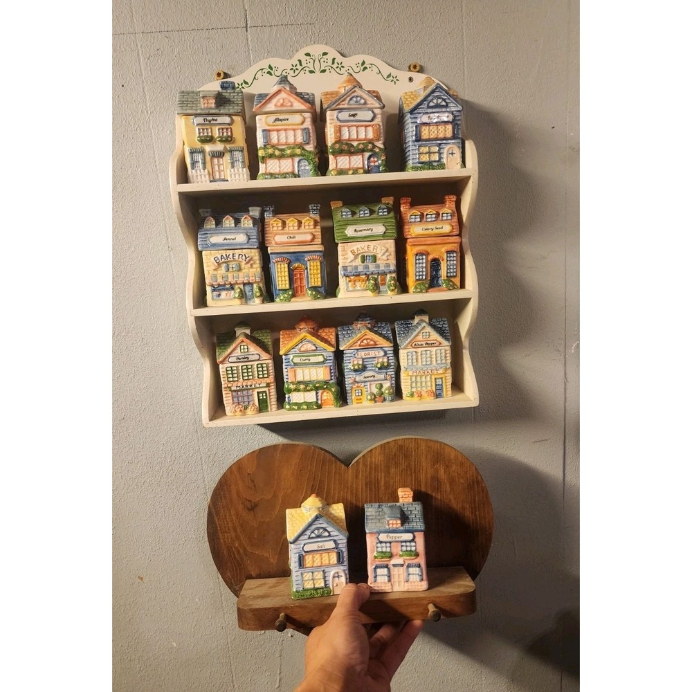 Vintage Avon Spice Village Complete 14 Jar House Set With Rack, Rare HTF